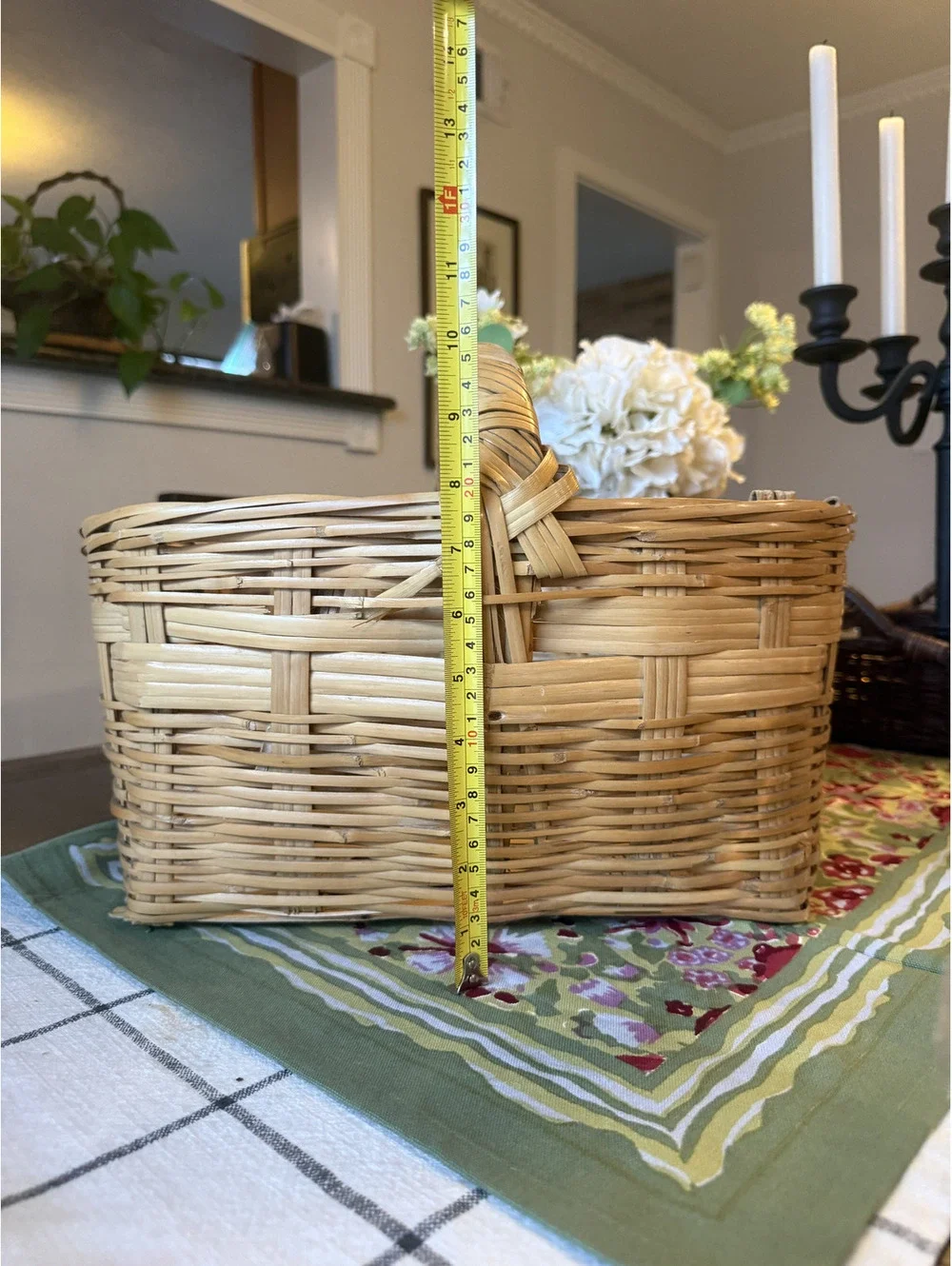 Vintage Handwoven Wicker Basket with Fixed Overhead Handle - Natural Reed/Rattan